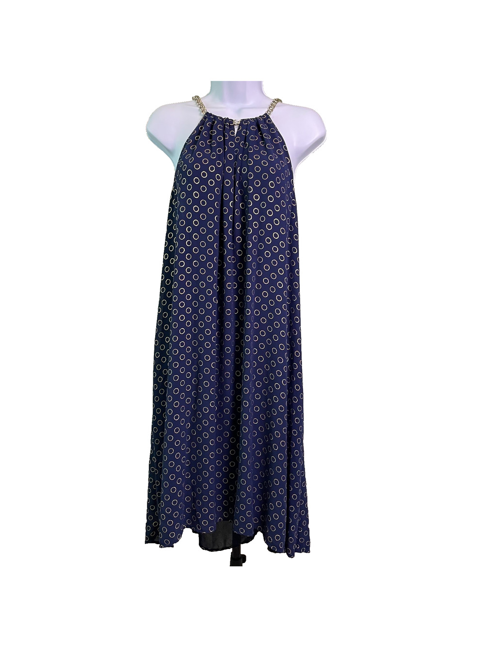 NWT Michael Kors Halter Midi Shift Dress Womens M Navy Gold Chain Quiet Luxury